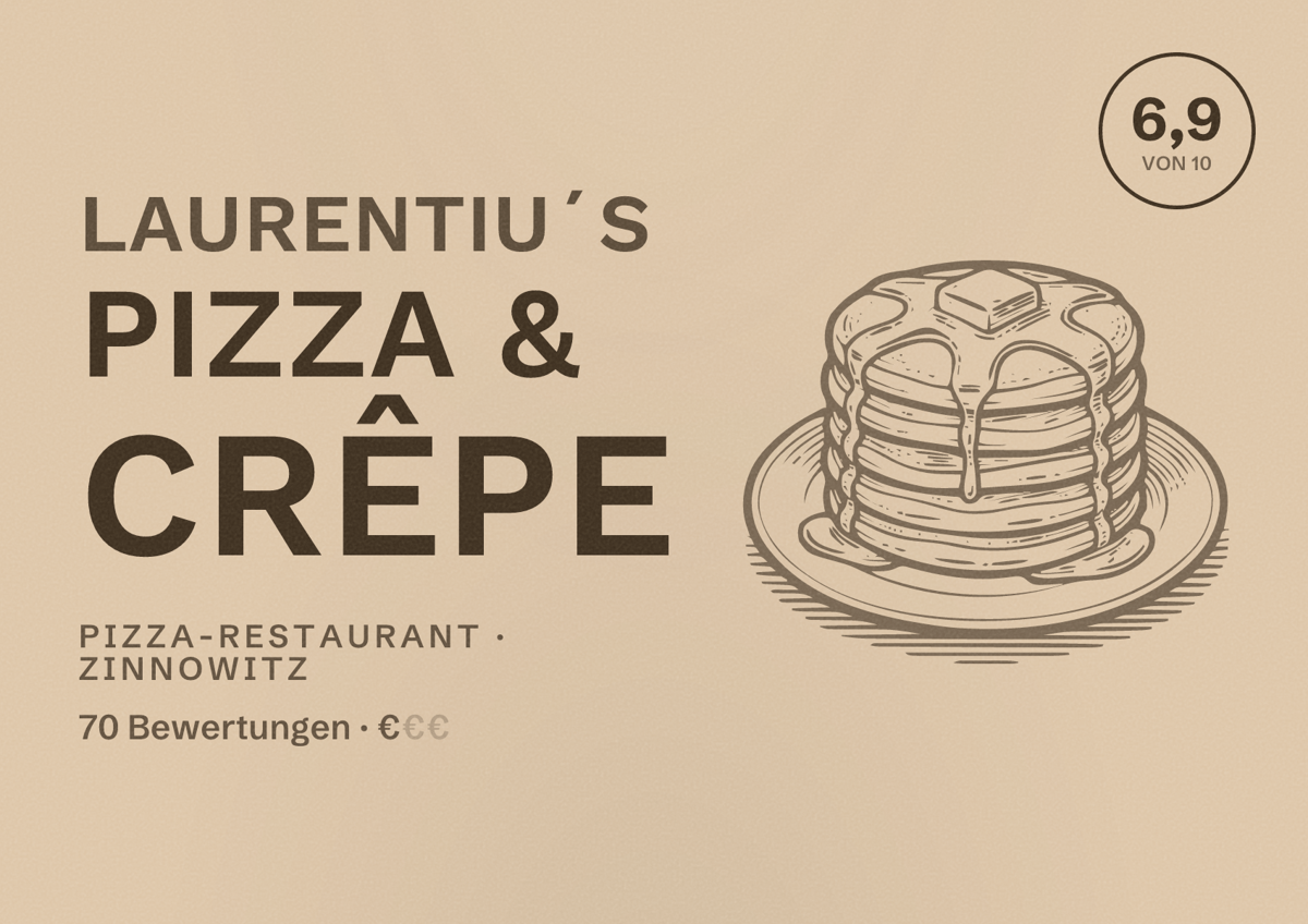 Illustriertes Poster von Laurentiu´s Pizza & Crêpe, Pizza-Restaurant in Zinnowitz: Bewertung 6,9 von 10 aus 70 Bewertungen, Preisniveau €