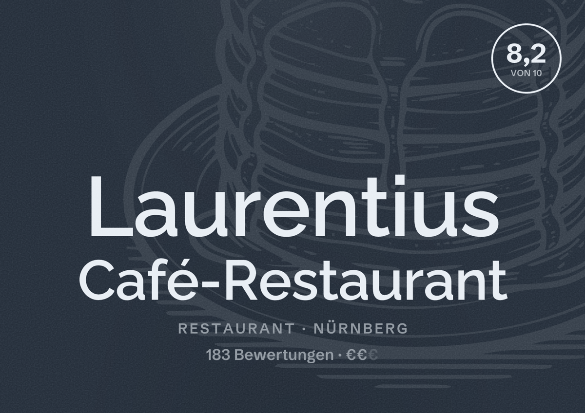 Illustriertes Poster von Laurentius Café-Restaurant, Restaurant in Nürnberg: Bewertung 8,2 von 10 aus 183 Bewertungen, Preisniveau €€