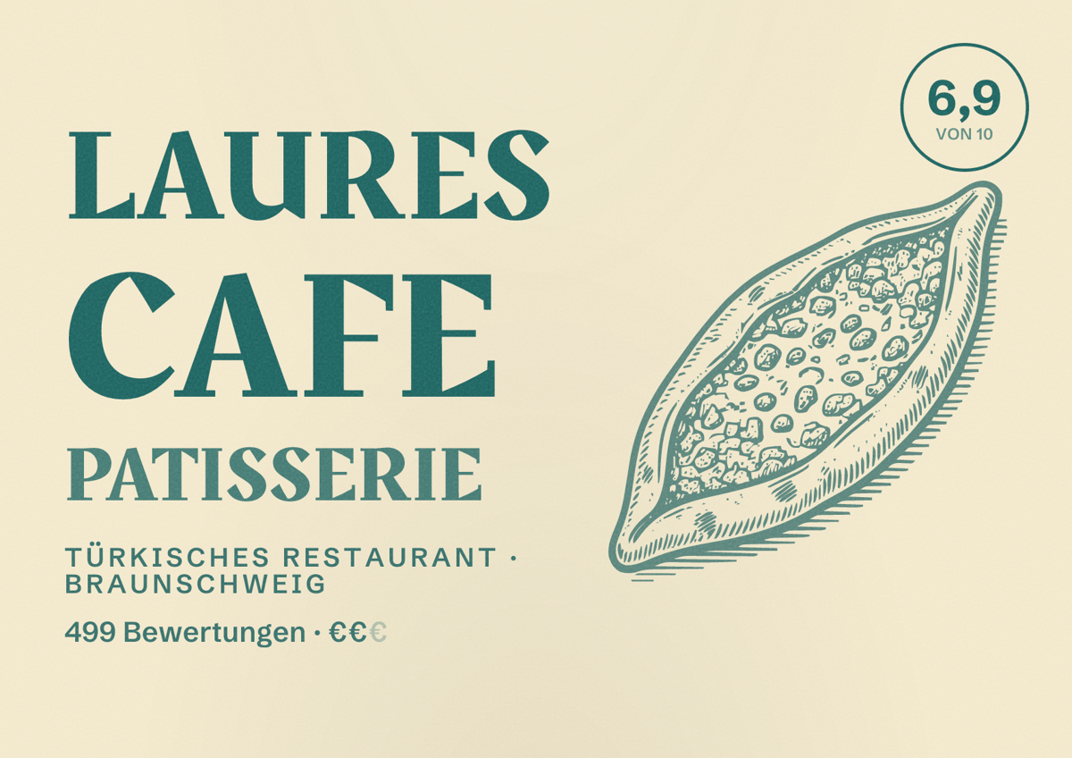 Illustriertes Poster von Laures Cafe Patisserie, Türkisches Restaurant in Braunschweig: Bewertung 6,9 von 10 aus 499 Bewertungen, Preisniveau €€