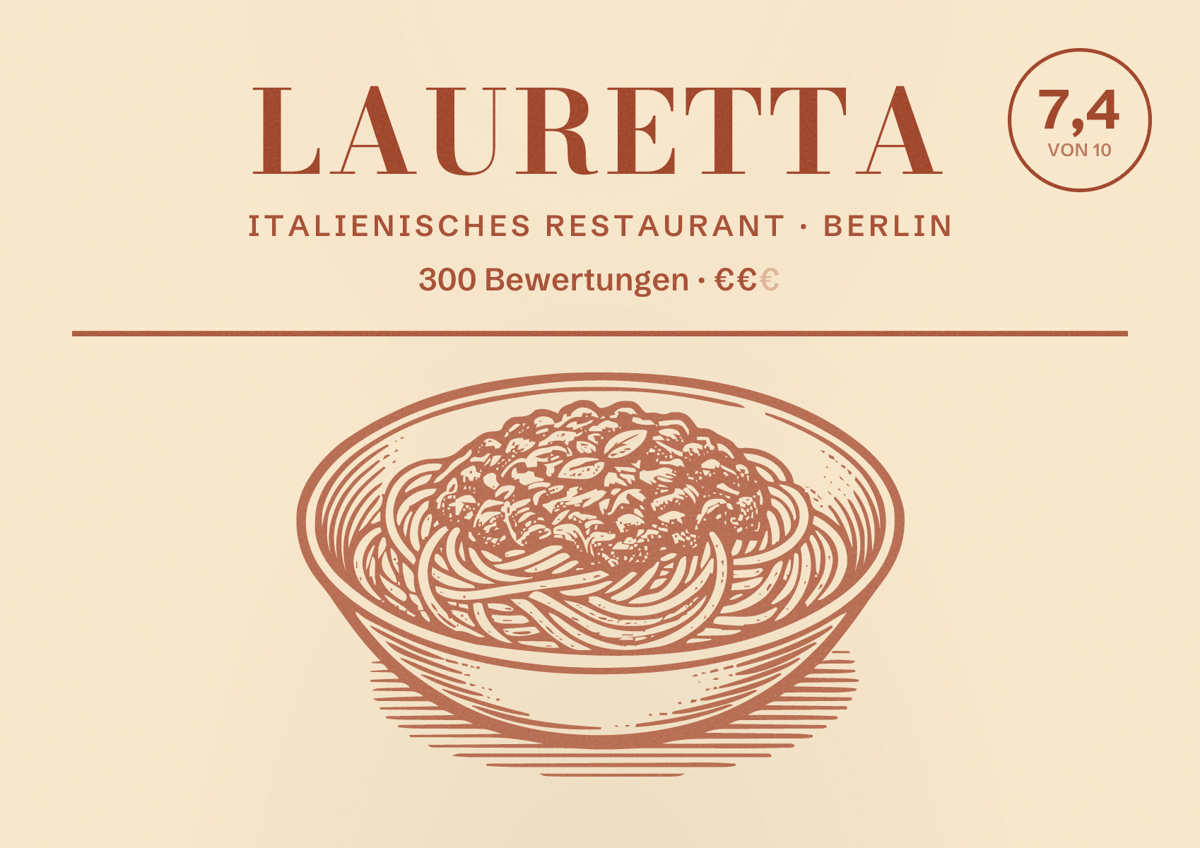 Illustriertes Poster von Lauretta, Italienisches Restaurant in Berlin: Bewertung 7,4 von 10 aus 300 Bewertungen, Preisniveau €€