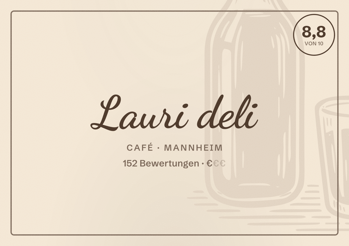 Illustriertes Poster von Lauri deli, Café in Mannheim: Bewertung 8,8 von 10 aus 152 Bewertungen, Preisniveau €
