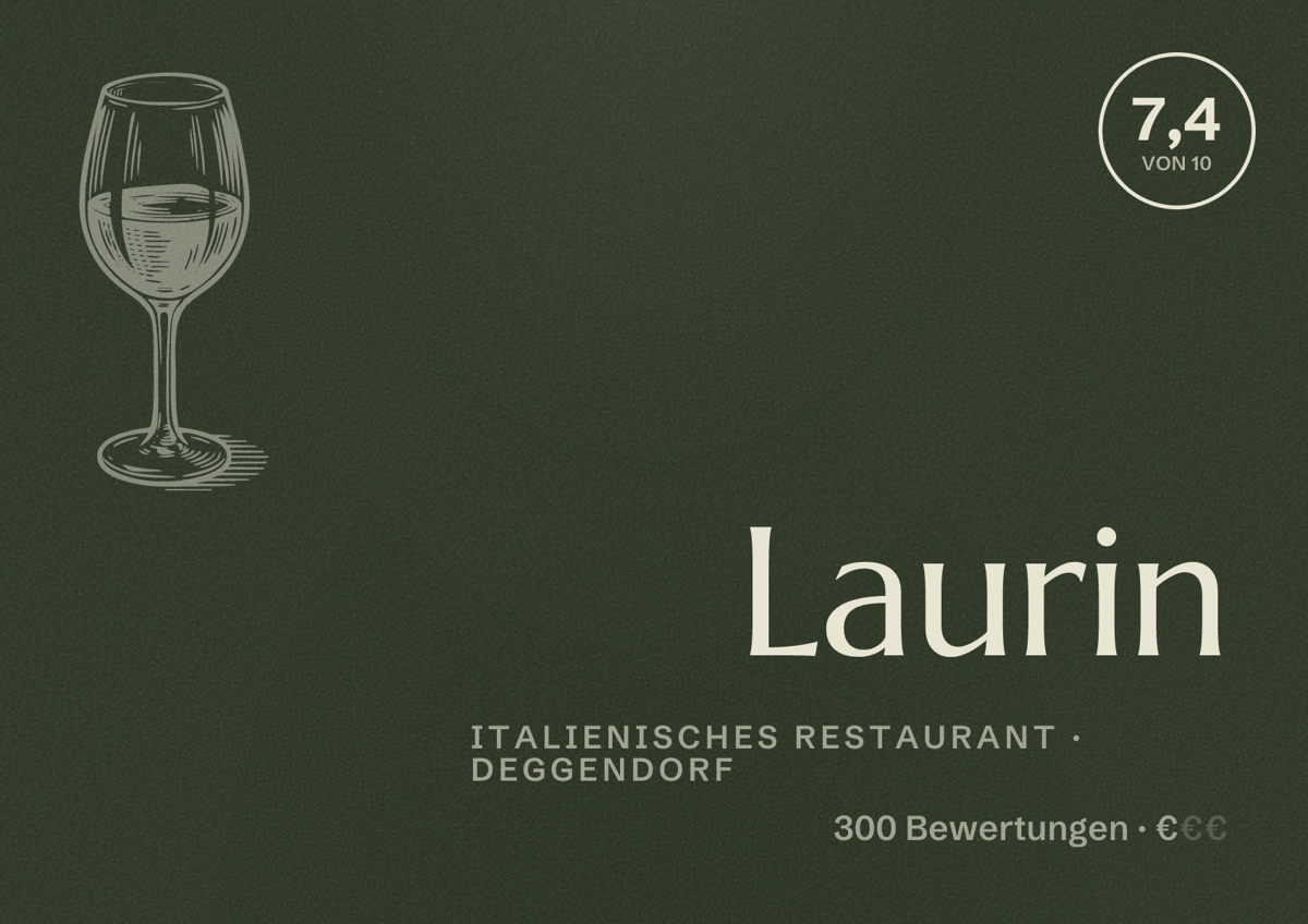 Illustriertes Poster von Laurin, Italienisches Restaurant in Deggendorf: Bewertung 7,4 von 10 aus 300 Bewertungen, Preisniveau €