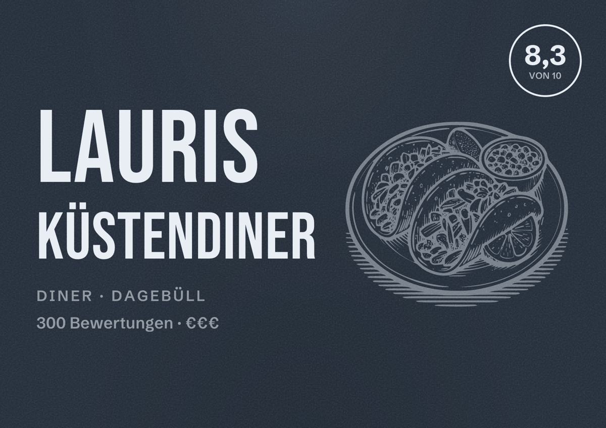 Illustriertes Poster von Lauris Küstendiner, Diner in Dagebüll: Bewertung 8,3 von 10 aus 300 Bewertungen, Preisniveau €€€