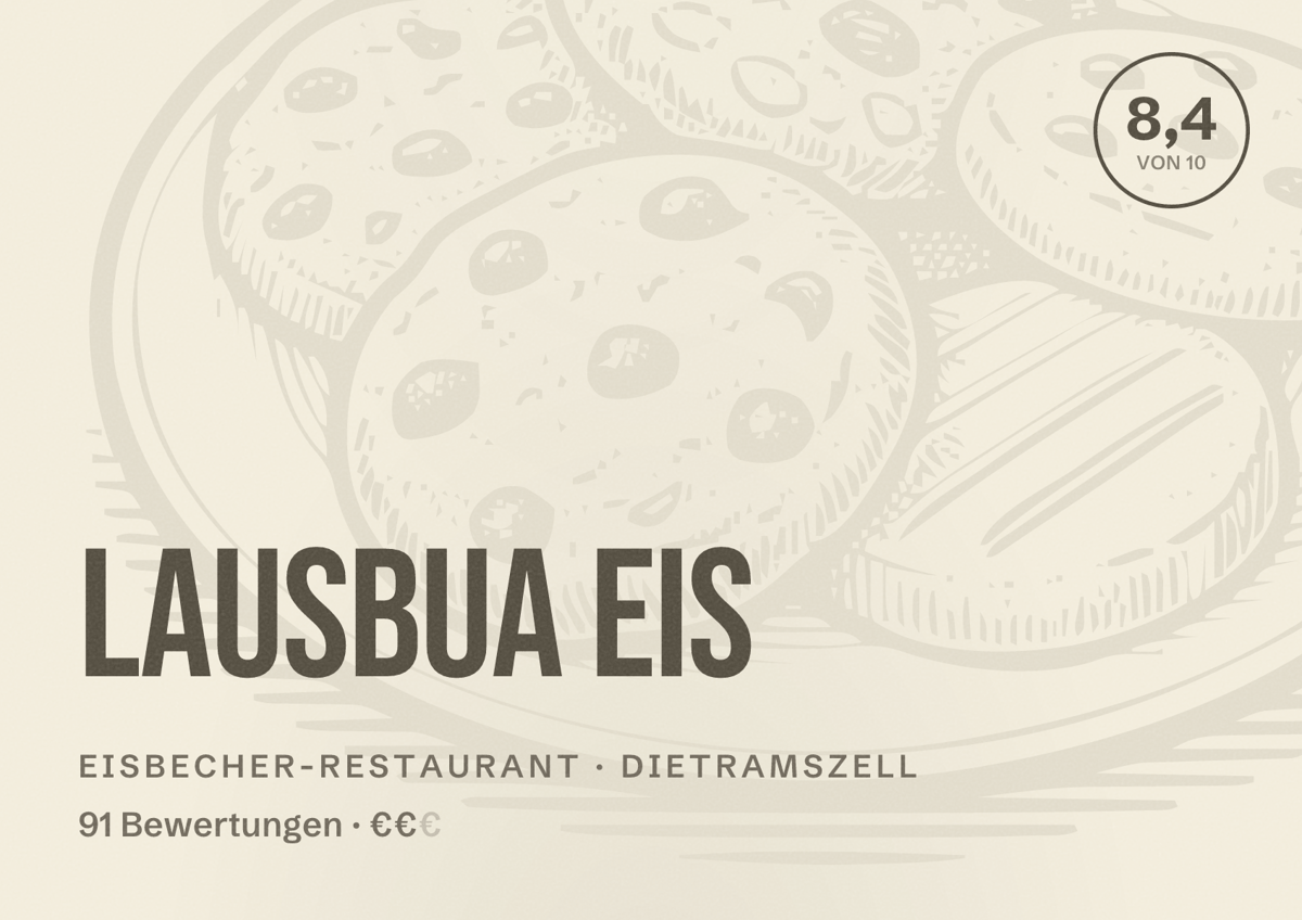 Illustriertes Poster von Lausbua Eis, Eisbecher-Restaurant in Dietramszell: Bewertung 8,4 von 10 aus 91 Bewertungen, Preisniveau €€