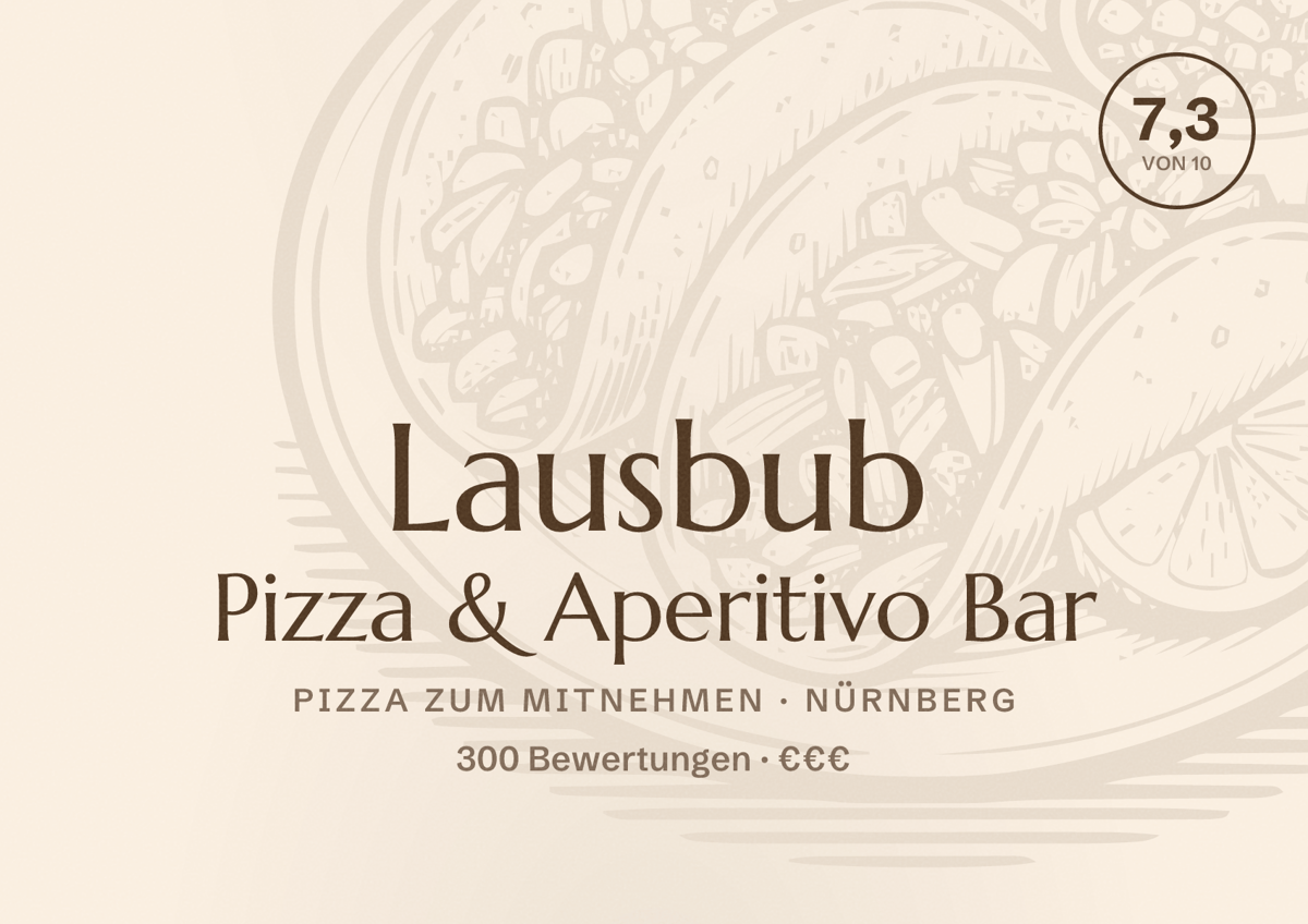 Illustriertes Poster von Lausbub Pizza & Aperitivo Bar, Pizza zum Mitnehmen in Nürnberg: Bewertung 7,3 von 10 aus 300 Bewertungen, Preisniveau €€€