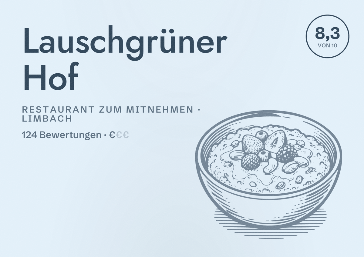 Illustriertes Poster von Lauschgrüner Hof, Restaurant zum Mitnehmen in Limbach: Bewertung 8,3 von 10 aus 124 Bewertungen, Preisniveau €