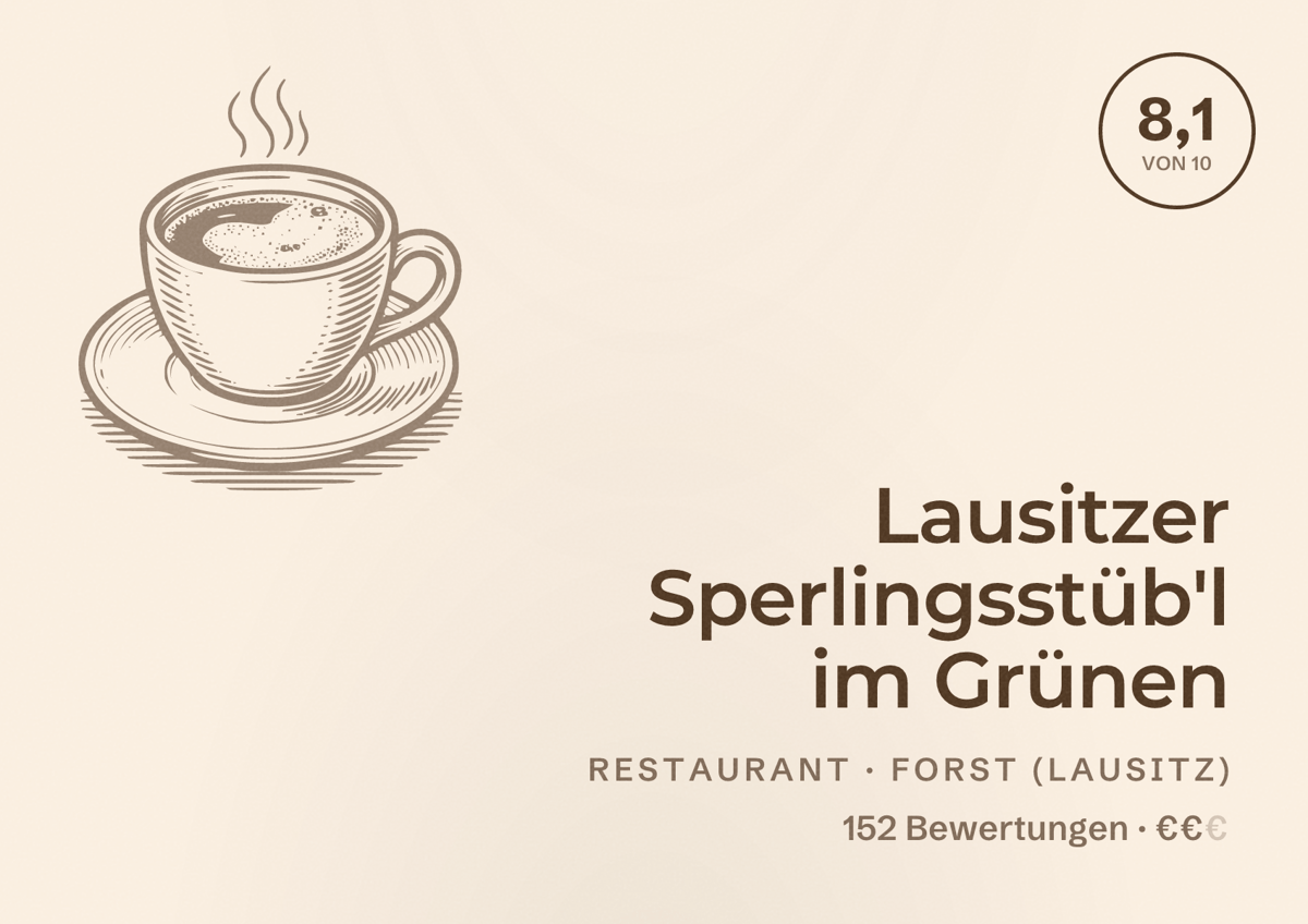 Illustriertes Poster von Lausitzer Sperlingsstüb'l im Grünen, Restaurant in Forst (Lausitz): Bewertung 8,1 von 10 aus 152 Bewertungen, Preisniveau €€