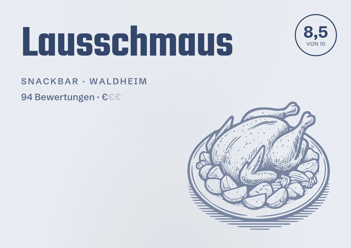 Illustriertes Poster von Lausschmaus, Snackbar in Waldheim: Bewertung 8,5 von 10 aus 94 Bewertungen, Preisniveau €