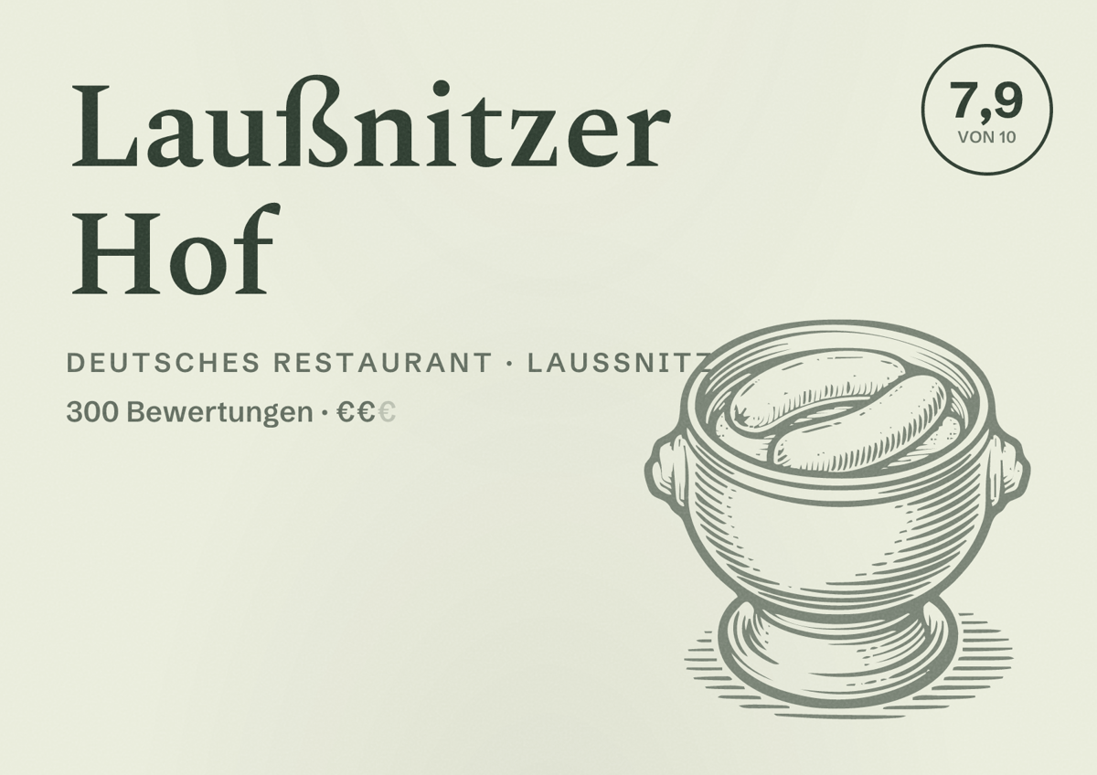 Illustriertes Poster von Laußnitzer Hof, Deutsches Restaurant in Laußnitz: Bewertung 7,9 von 10 aus 300 Bewertungen, Preisniveau €€