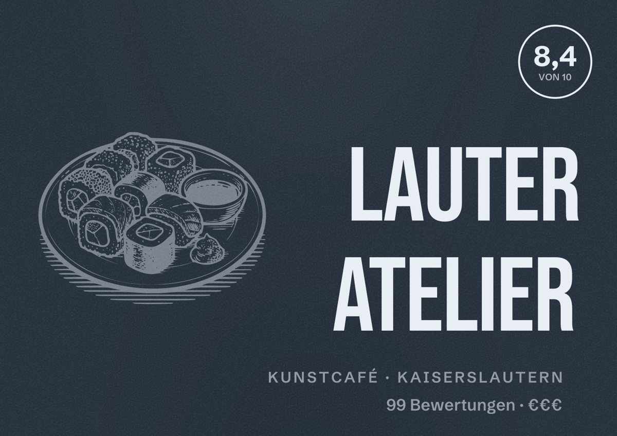Illustriertes Poster von Lauter Atelier, Kunstcafé in Kaiserslautern: Bewertung 8,4 von 10 aus 99 Bewertungen, Preisniveau €€€