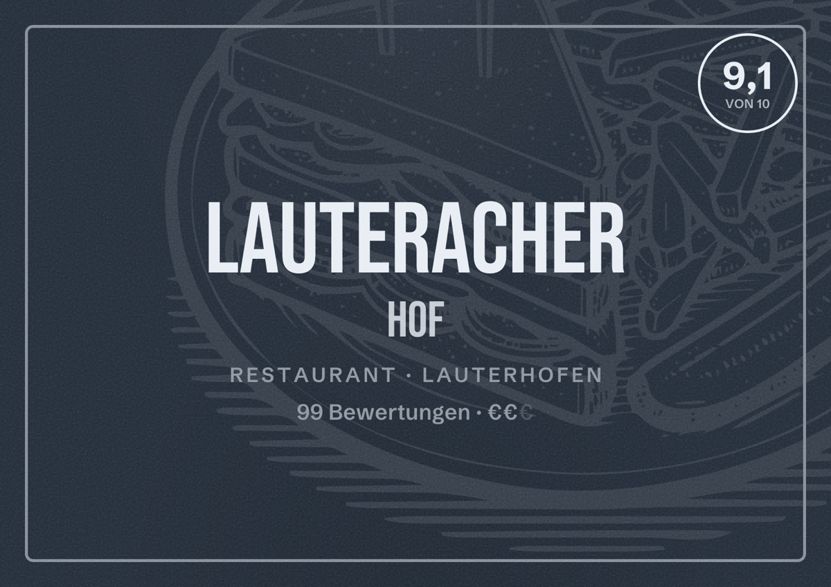 Illustriertes Poster von Lauteracher Hof, Restaurant in Lauterhofen: Bewertung 9,1 von 10 aus 99 Bewertungen, Preisniveau €€