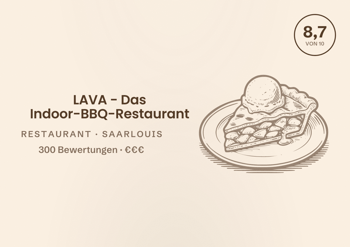 Illustriertes Poster von LAVA - Das Indoor-BBQ-Restaurant, Restaurant in Saarlouis: Bewertung 8,7 von 10 aus 300 Bewertungen, Preisniveau €€€