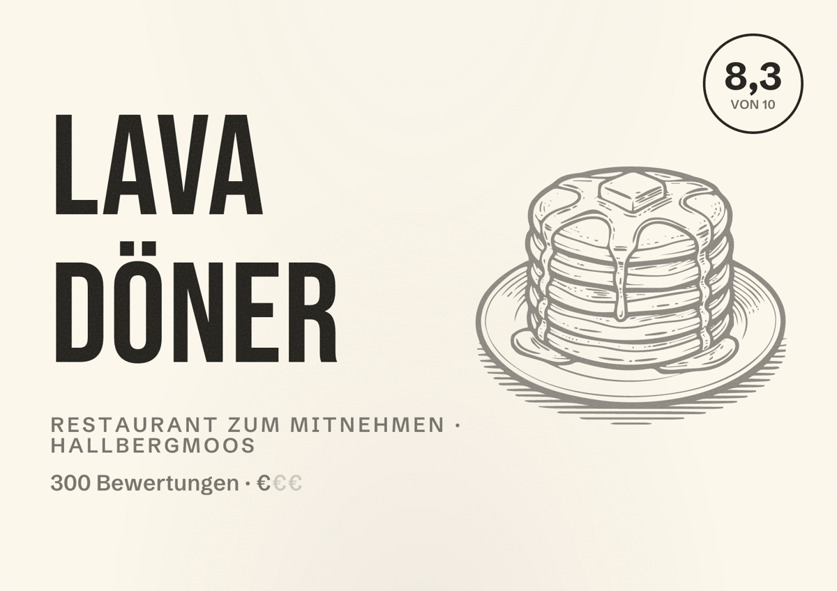 Illustriertes Poster von Lava Döner, Restaurant zum Mitnehmen in Hallbergmoos: Bewertung 8,3 von 10 aus 300 Bewertungen, Preisniveau €