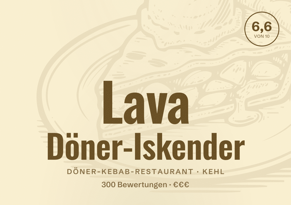 Illustriertes Poster von Lava Döner-Iskender, Döner-Kebab-Restaurant in Kehl: Bewertung 6,6 von 10 aus 300 Bewertungen, Preisniveau €€€