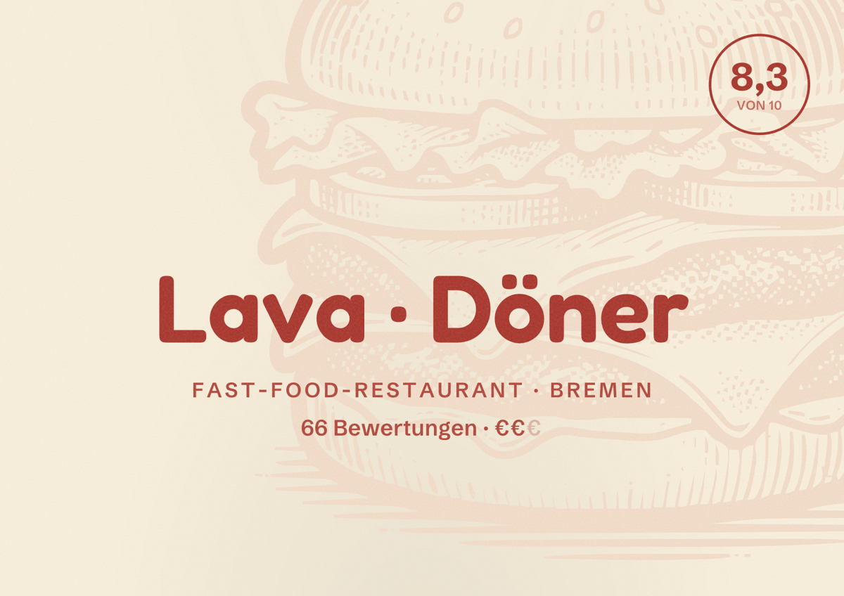 Illustriertes Poster von Lava Döner, Fast-Food-Restaurant in Bremen: Bewertung 8,3 von 10 aus 66 Bewertungen, Preisniveau €€