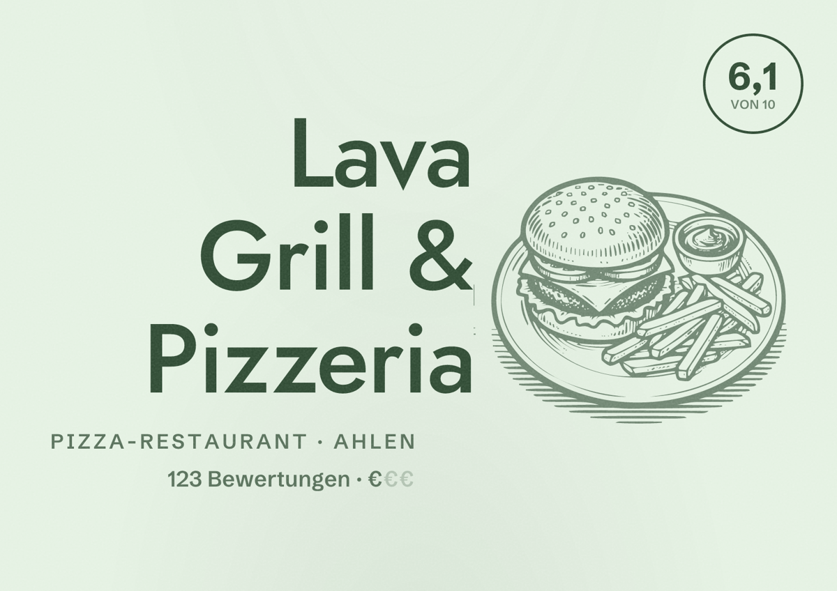Illustriertes Poster von Lava Grill & Pizzeria, Pizza-Restaurant in Ahlen: Bewertung 6,1 von 10 aus 123 Bewertungen, Preisniveau €