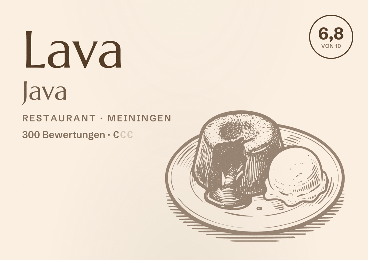 Illustriertes Poster von Lava Java, Restaurant in Meiningen: Bewertung 6,8 von 10 aus 300 Bewertungen, Preisniveau €