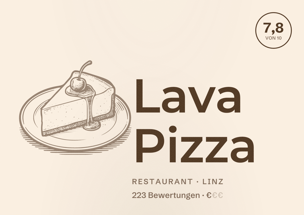 Illustriertes Poster von Lava Pizza, Restaurant in Linz: Bewertung 7,8 von 10 aus 223 Bewertungen, Preisniveau €