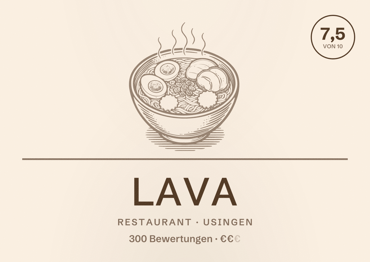 Illustriertes Poster von Lava, Restaurant in Usingen: Bewertung 7,5 von 10 aus 300 Bewertungen, Preisniveau €€