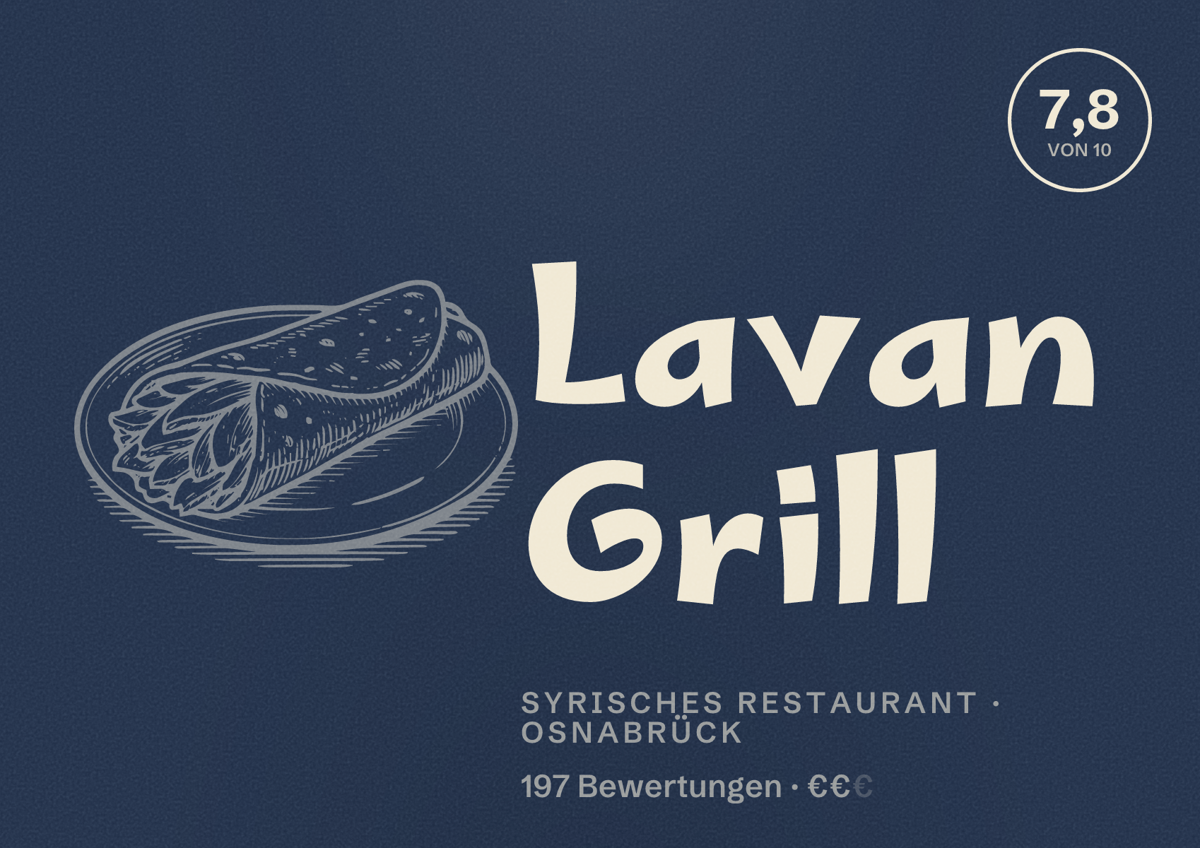Illustriertes Poster von Lavan Grill, Syrisches Restaurant in Osnabrück: Bewertung 7,8 von 10 aus 197 Bewertungen, Preisniveau €€