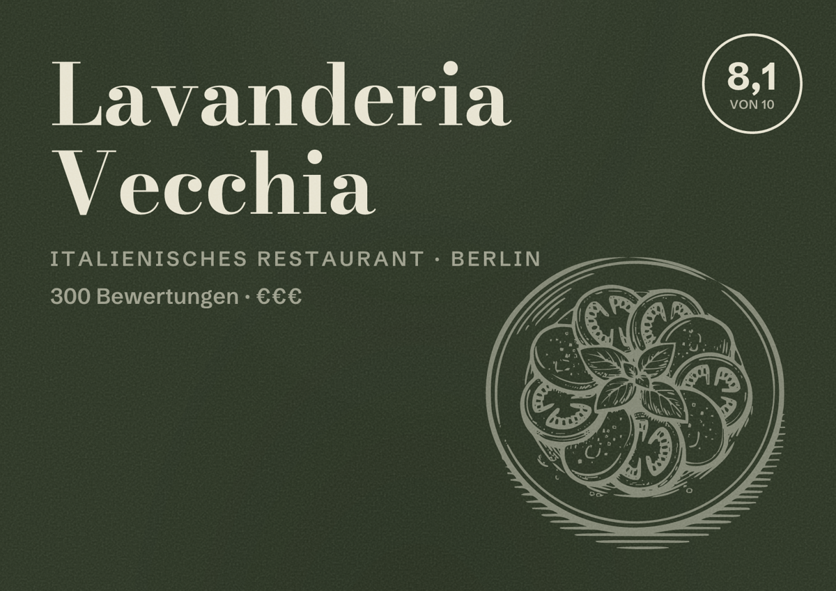 Illustriertes Poster von Lavanderia Vecchia, Italienisches Restaurant in Berlin: Bewertung 8,1 von 10 aus 300 Bewertungen, Preisniveau €€€