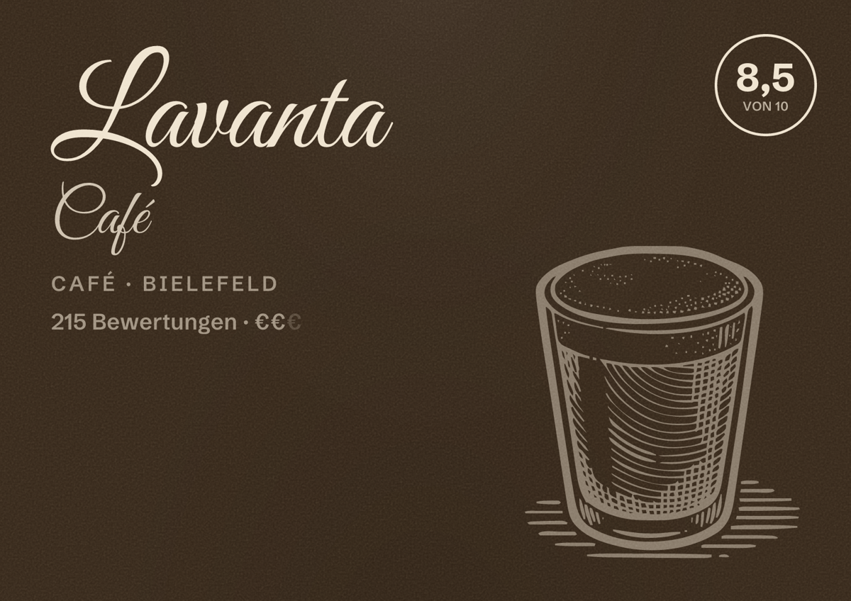 Illustriertes Poster von Lavanta Café, Café in Bielefeld: Bewertung 8,5 von 10 aus 215 Bewertungen, Preisniveau €€