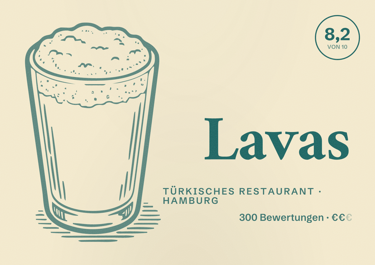 Illustriertes Poster von Lavas, Türkisches Restaurant in Hamburg: Bewertung 8,2 von 10 aus 300 Bewertungen, Preisniveau €€