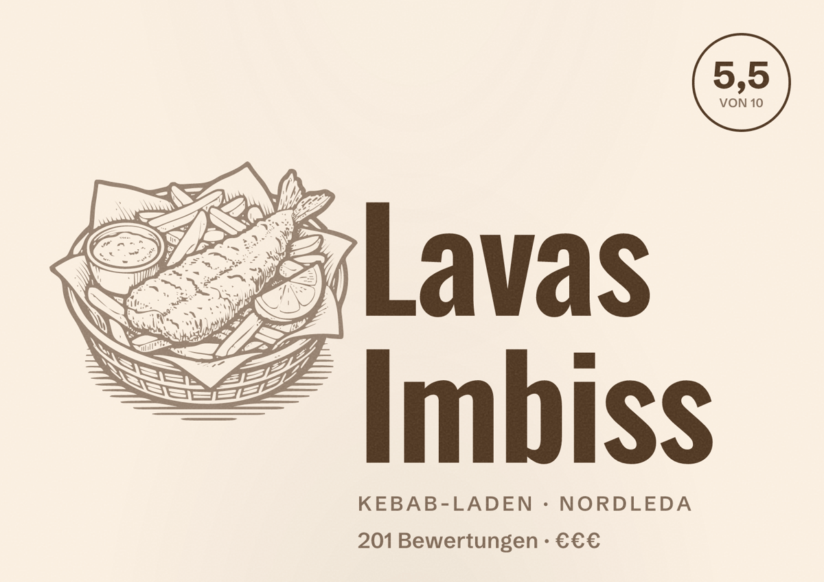 Illustriertes Poster von Lavas Imbiss, Kebab-Laden in Nordleda: Bewertung 5,5 von 10 aus 201 Bewertungen, Preisniveau €€€