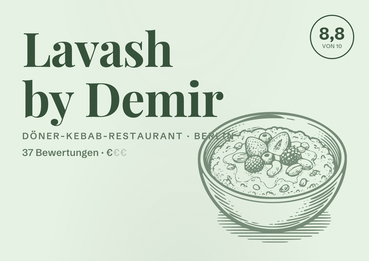 Illustriertes Poster von Lavash by Demir, Döner-Kebab-Restaurant in Berlin: Bewertung 8,8 von 10 aus 37 Bewertungen, Preisniveau €