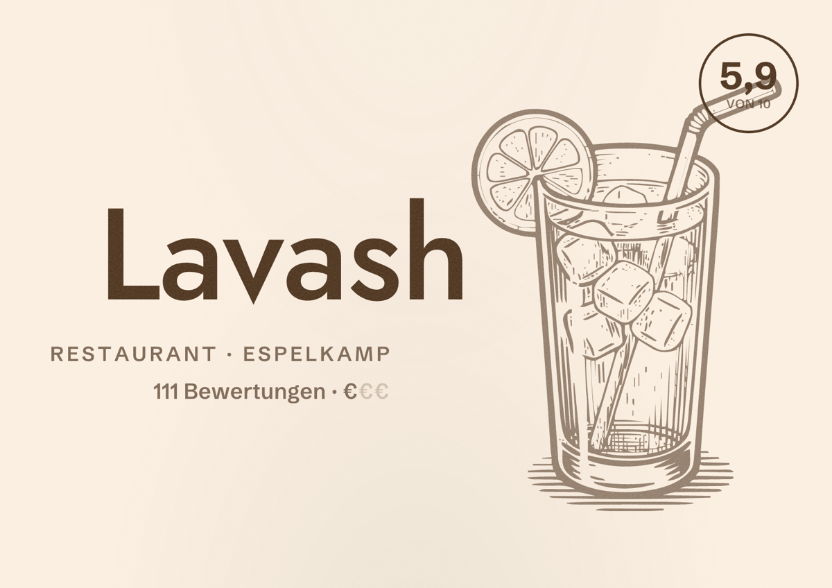 Illustriertes Poster von Lavash, Restaurant in Espelkamp: Bewertung 5,9 von 10 aus 111 Bewertungen, Preisniveau €