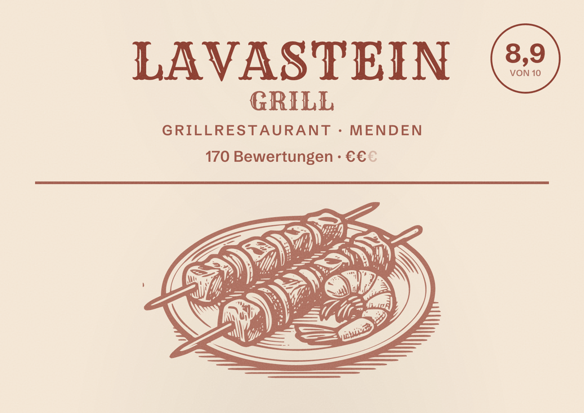 Illustriertes Poster von Lavastein Grill, Grillrestaurant in Menden: Bewertung 8,9 von 10 aus 170 Bewertungen, Preisniveau €€