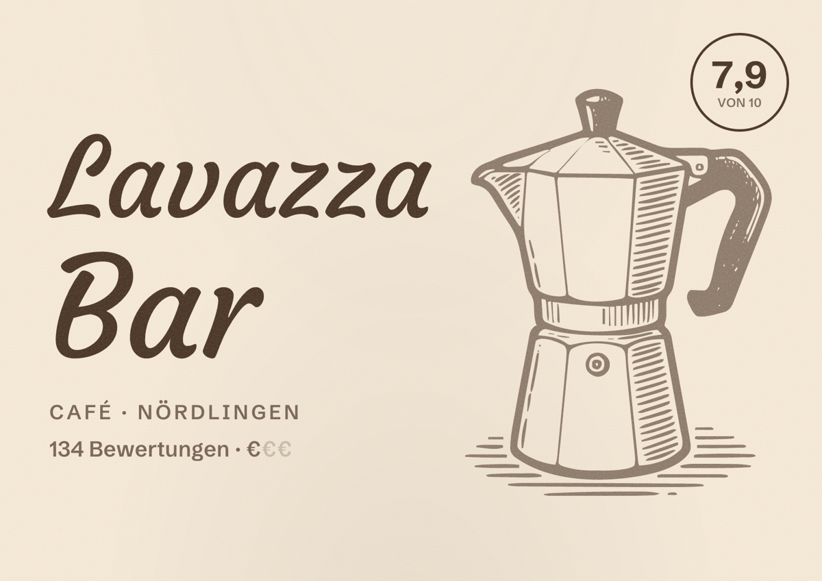 Illustriertes Poster von Lavazza Bar, Café in Nördlingen: Bewertung 7,9 von 10 aus 134 Bewertungen, Preisniveau €