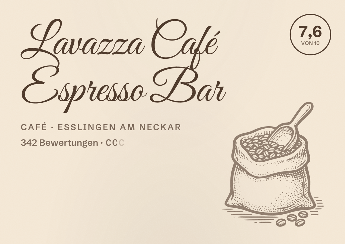 Illustriertes Poster von Lavazza Café Espresso Bar, Café in Esslingen am Neckar: Bewertung 7,6 von 10 aus 342 Bewertungen, Preisniveau €€