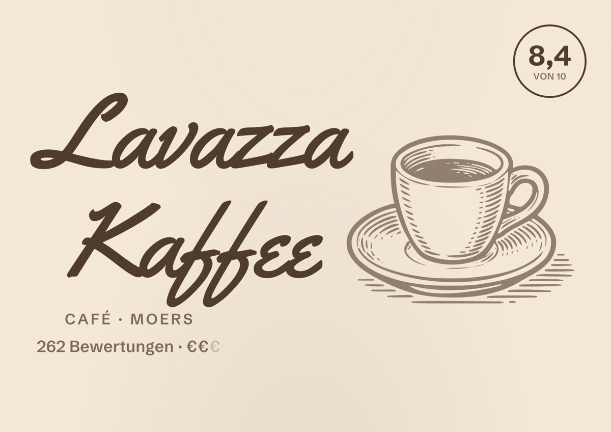 Illustriertes Poster von Lavazza Kaffee, Café in Moers: Bewertung 8,4 von 10 aus 262 Bewertungen, Preisniveau €€