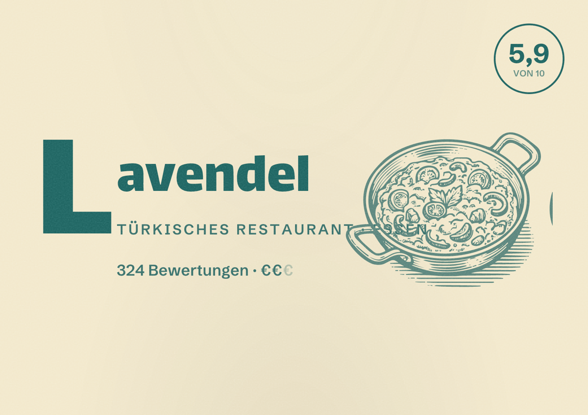 Illustriertes Poster von Lavendel, Türkisches Restaurant in Essen: Bewertung 5,9 von 10 aus 324 Bewertungen, Preisniveau €€