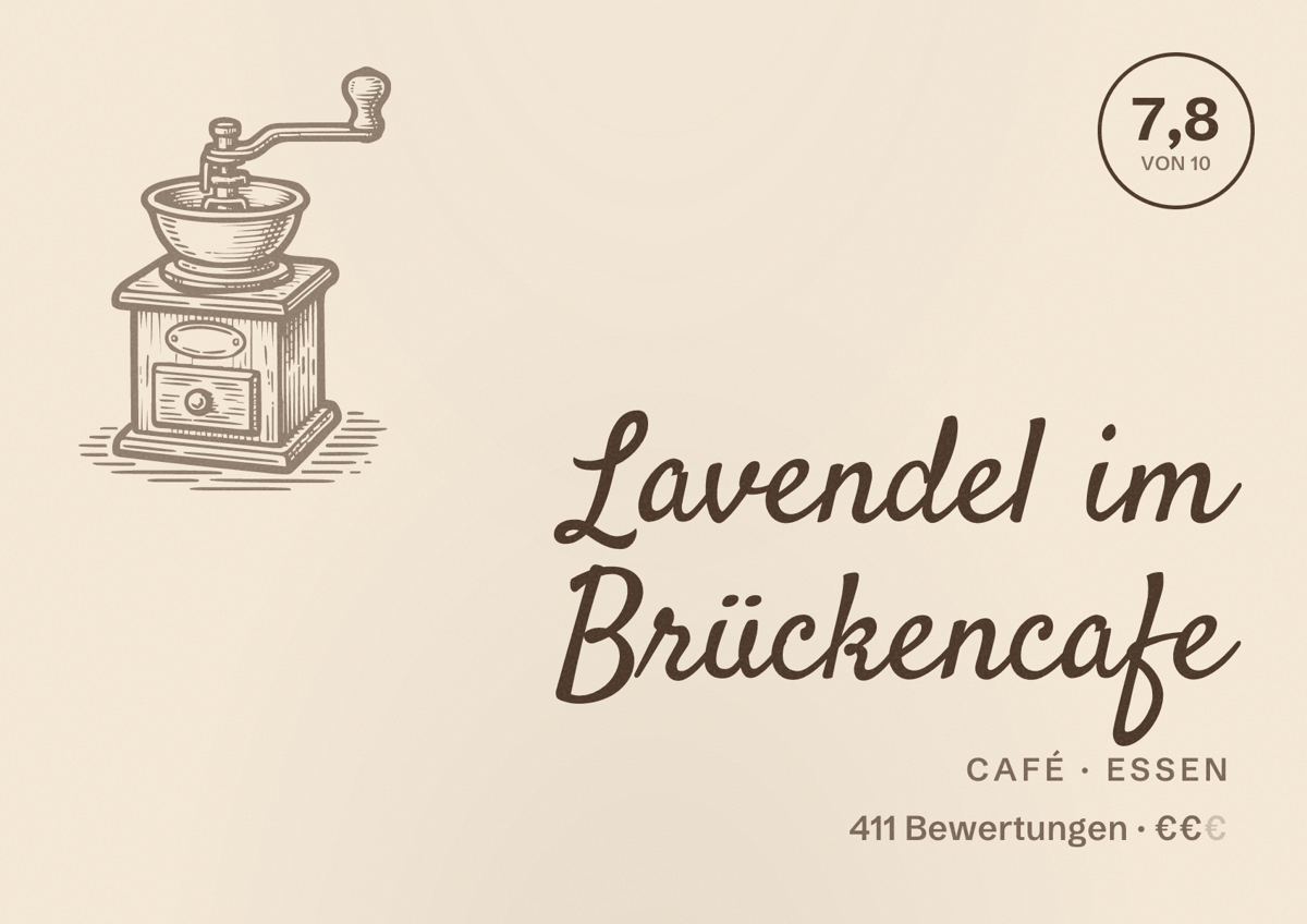 Illustriertes Poster von Lavendel im Brückencafe, Café in Essen: Bewertung 7,8 von 10 aus 411 Bewertungen, Preisniveau €€
