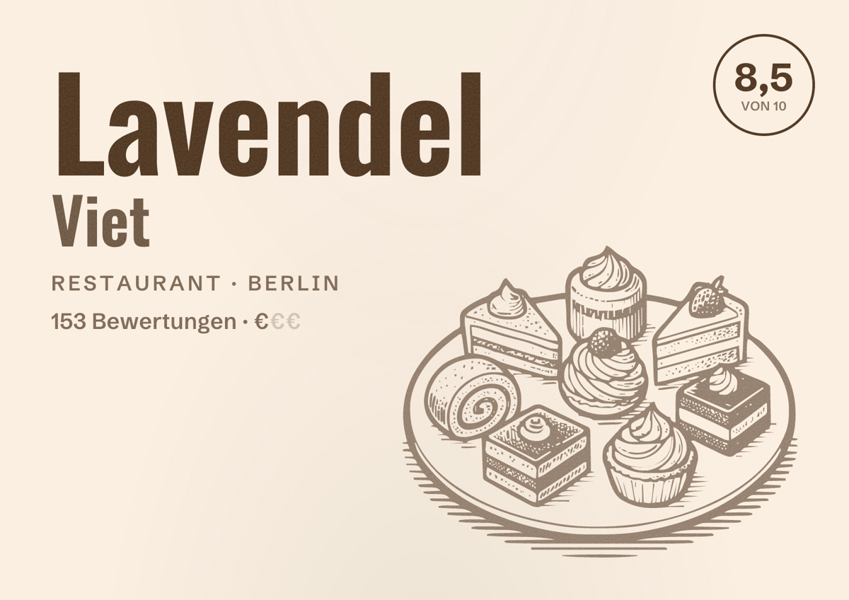 Illustriertes Poster von Lavendel Viet, Restaurant in Berlin: Bewertung 8,5 von 10 aus 153 Bewertungen, Preisniveau €