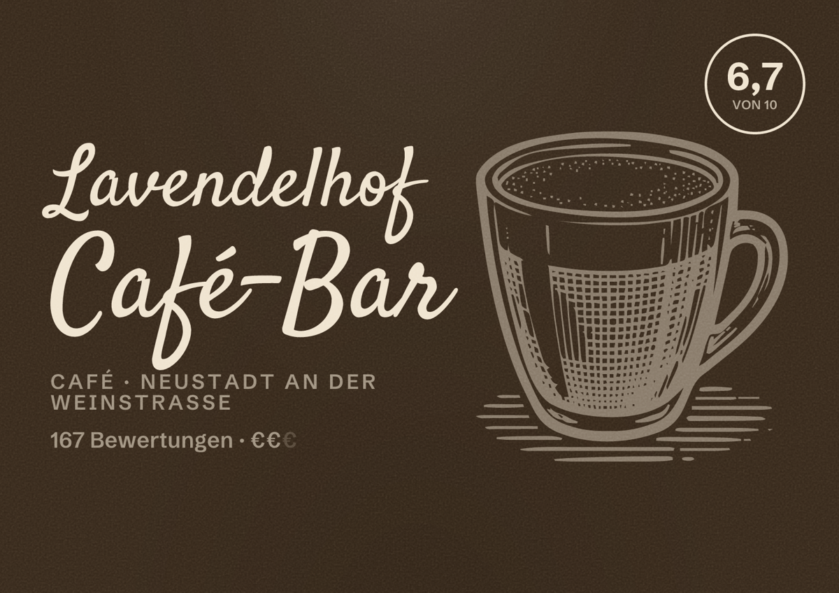 Illustriertes Poster von Lavendelhof Café-Bar, Café in Neustadt an der Weinstraße: Bewertung 6,7 von 10 aus 167 Bewertungen, Preisniveau €€