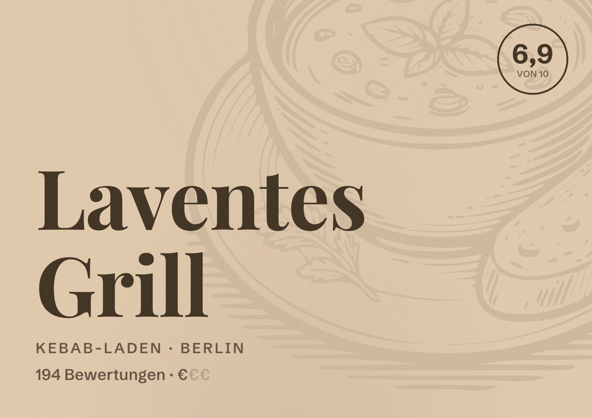 Illustriertes Poster von Laventes Grill, Kebab-Laden in Berlin: Bewertung 6,9 von 10 aus 194 Bewertungen, Preisniveau €