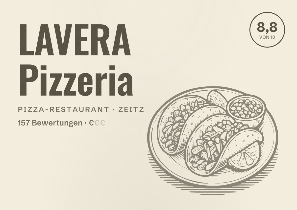 Illustriertes Poster von LAVERA Pizzeria, Pizza-Restaurant in Zeitz: Bewertung 8,8 von 10 aus 157 Bewertungen, Preisniveau €