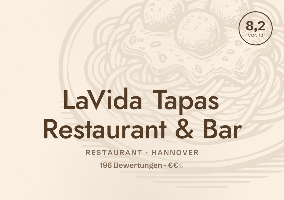 Illustriertes Poster von LaVida Tapas Restaurant & Bar, Restaurant in Hannover: Bewertung 8,2 von 10 aus 196 Bewertungen, Preisniveau €€