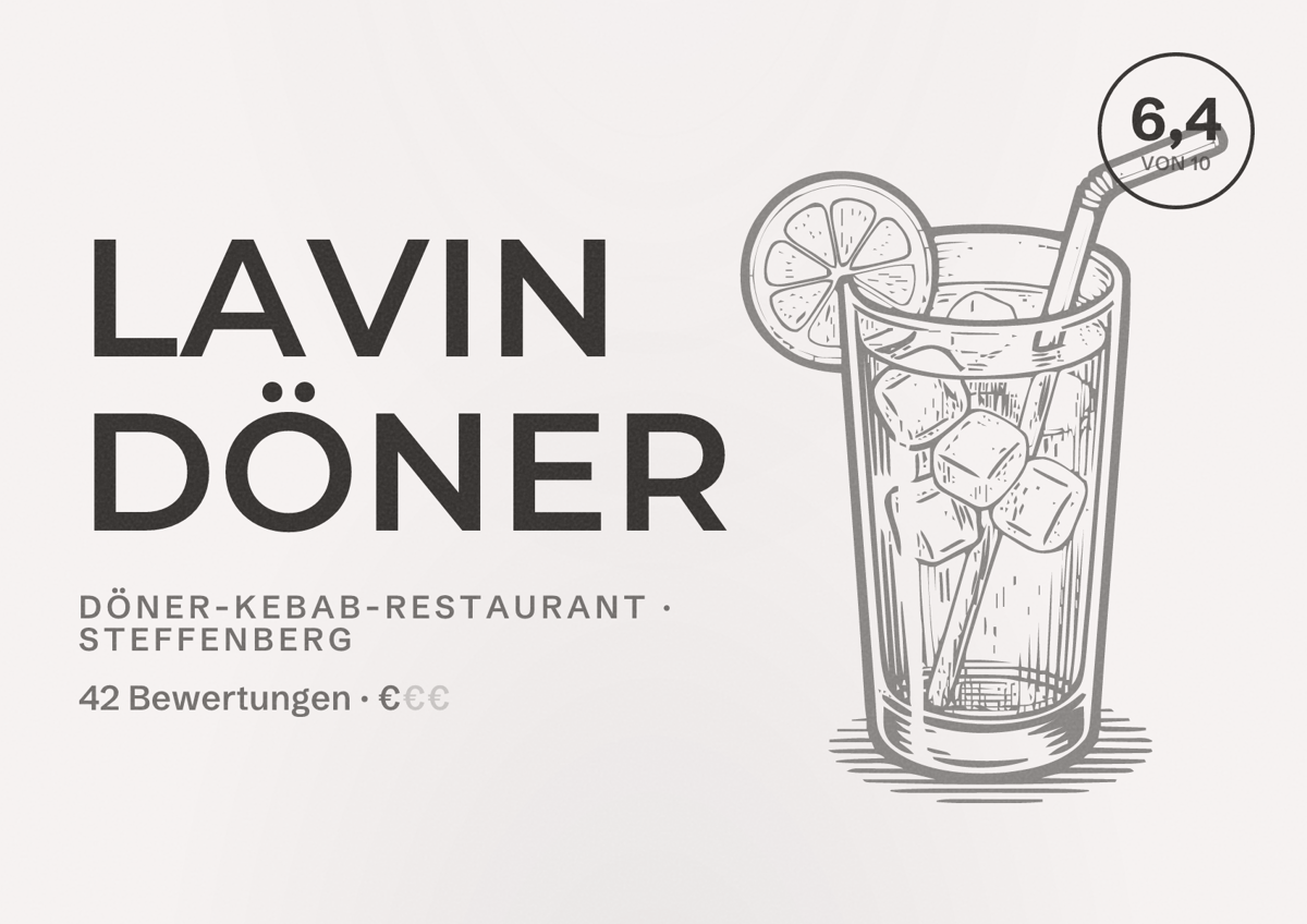 Illustriertes Poster von Lavin Döner, Döner-Kebab-Restaurant in Steffenberg: Bewertung 6,4 von 10 aus 42 Bewertungen, Preisniveau €