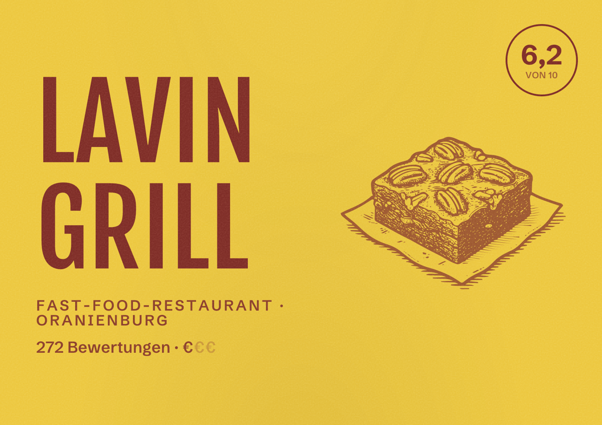 Illustriertes Poster von LAVIN Grill, Fast-Food-Restaurant in Oranienburg: Bewertung 6,2 von 10 aus 272 Bewertungen, Preisniveau €