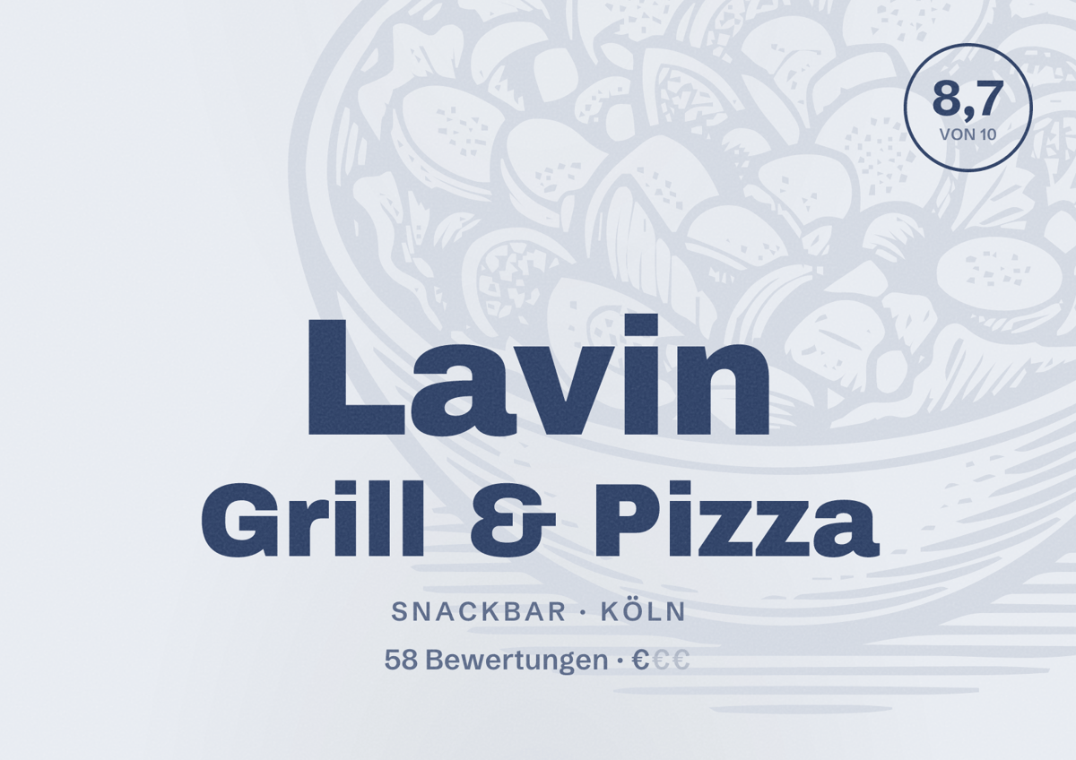 Illustriertes Poster von Lavin Grill & Pizza, Snackbar in Köln: Bewertung 8,7 von 10 aus 58 Bewertungen, Preisniveau €