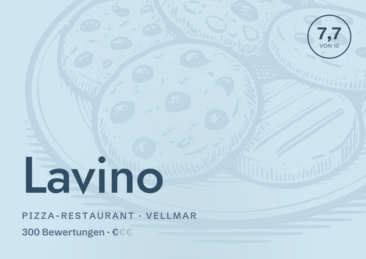 Illustriertes Poster von Lavino, Pizza-Restaurant in Vellmar: Bewertung 7,7 von 10 aus 300 Bewertungen, Preisniveau €