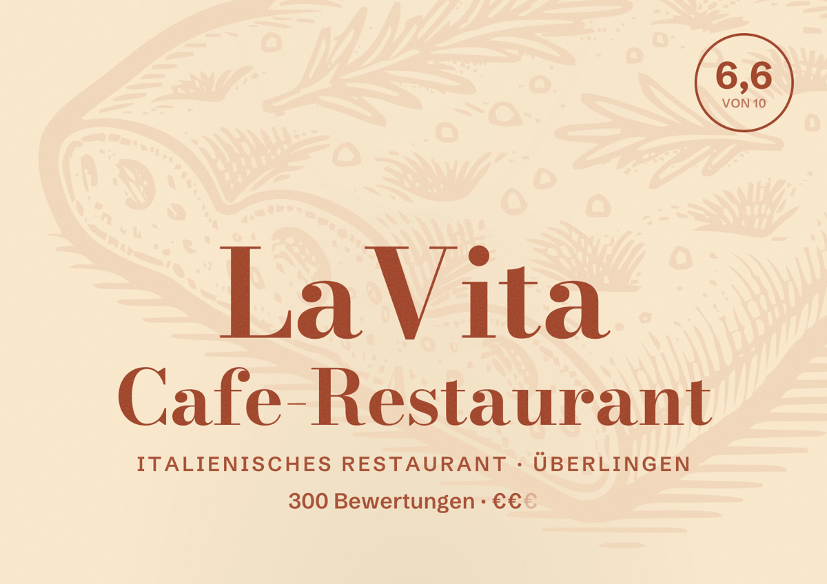 Illustriertes Poster von LaVita Cafe-Restaurant, Italienisches Restaurant in Überlingen: Bewertung 6,6 von 10 aus 300 Bewertungen, Preisniveau €€