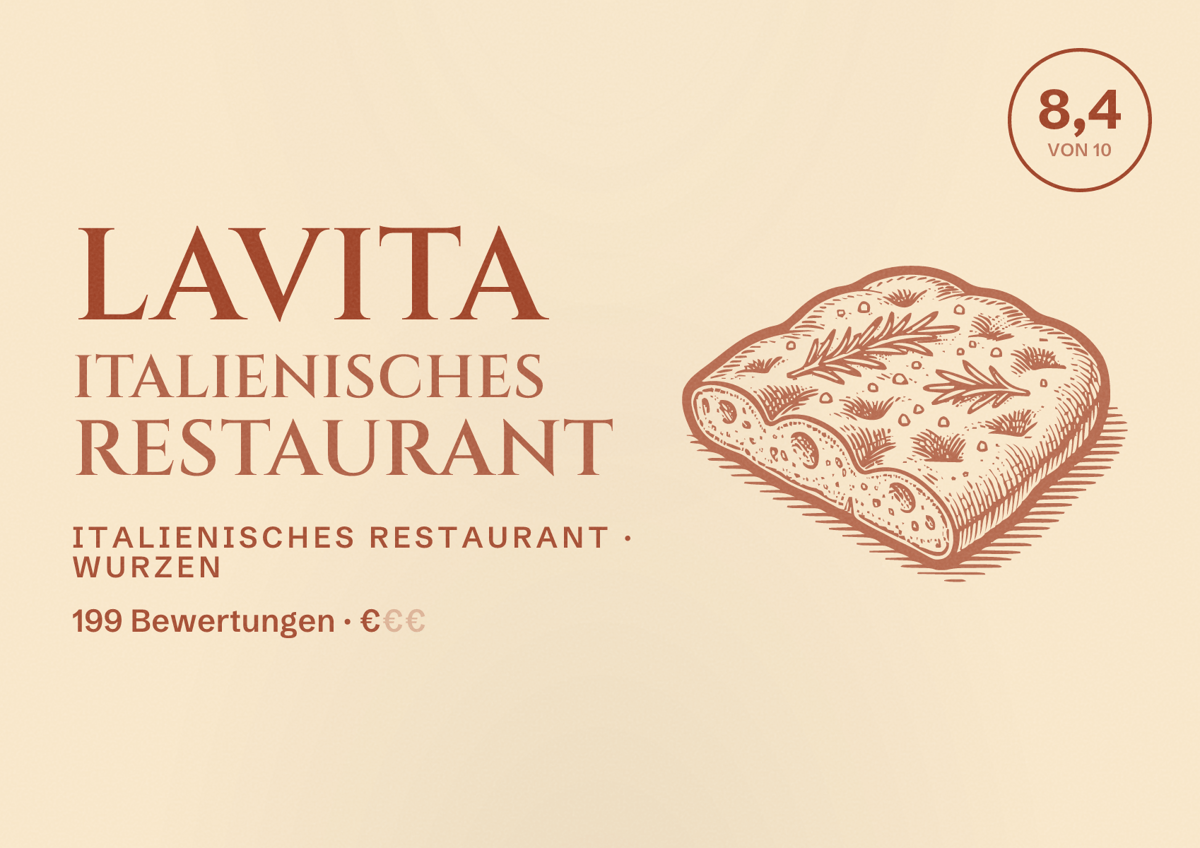 Illustriertes Poster von LaVita Italienisches Restaurant, Italienisches Restaurant in Wurzen: Bewertung 8,4 von 10 aus 199 Bewertungen, Preisniveau €