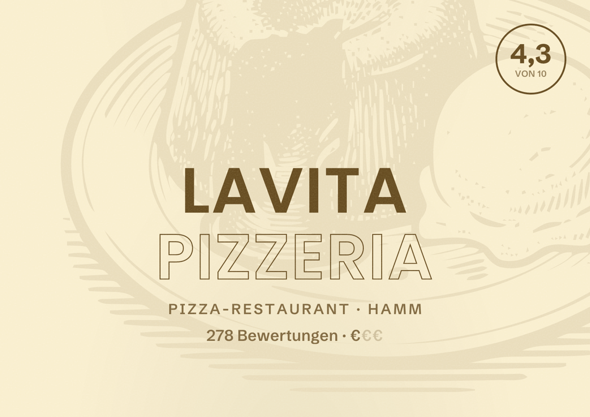Illustriertes Poster von LaVita Pizzeria, Pizza-Restaurant in Hamm: Bewertung 4,3 von 10 aus 278 Bewertungen, Preisniveau €