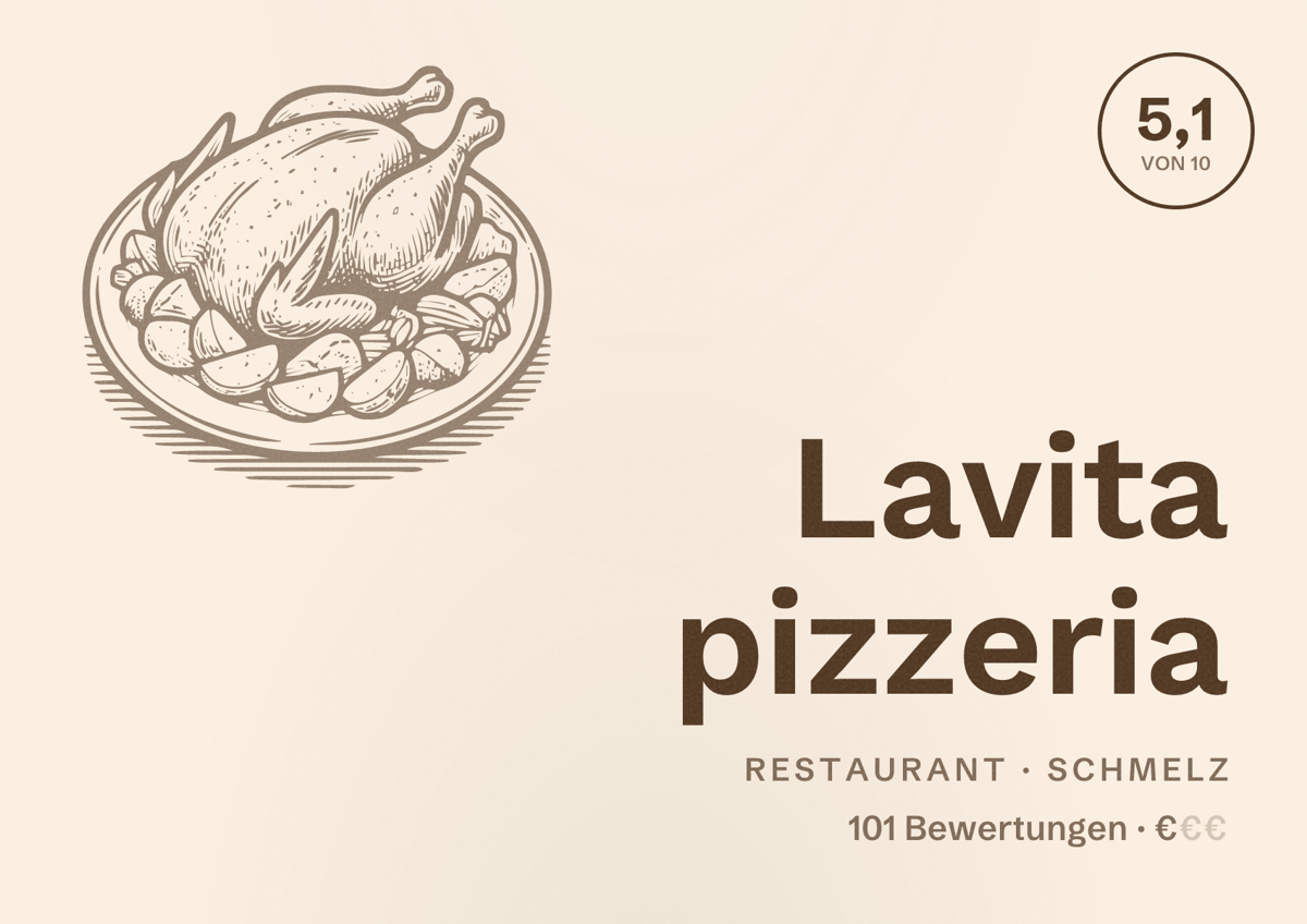 Illustriertes Poster von Lavita pizzeria, Restaurant in Schmelz: Bewertung 5,1 von 10 aus 101 Bewertungen, Preisniveau €