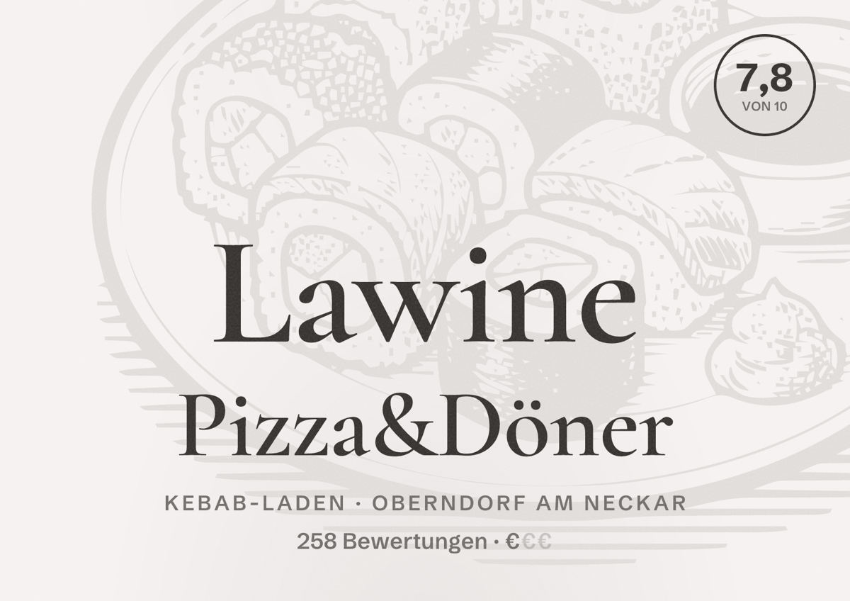 Illustriertes Poster von Lawine Pizza&Döner, Kebab-Laden in Oberndorf am Neckar: Bewertung 7,8 von 10 aus 258 Bewertungen, Preisniveau €